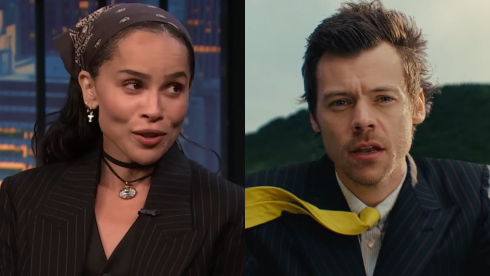 From left to right: Zoe Kravitz on Late Night with Seth Meyers and Harry Styles in the American Girls music video.