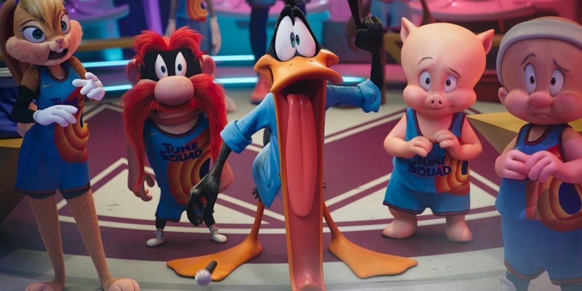 Lola Bunny, Tazmanian Devil, Daffy Duck, Porky Pig and Elmer Fudd in the Toon Squad in Space Jam: A New Legacy