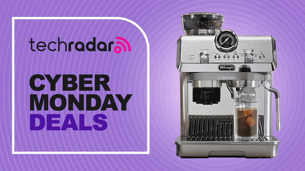 Espresso machine on purple background with text reading &quot;TechRadar Cyber Monday deals&quot;