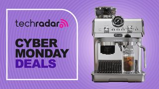 Espresso machine on purple background with text reading "TechRadar Cyber Monday deals"