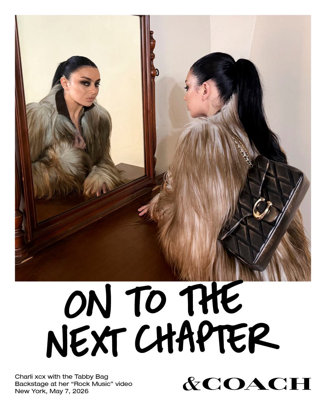 Charlie xcx wearing a fur coat and Coach bag