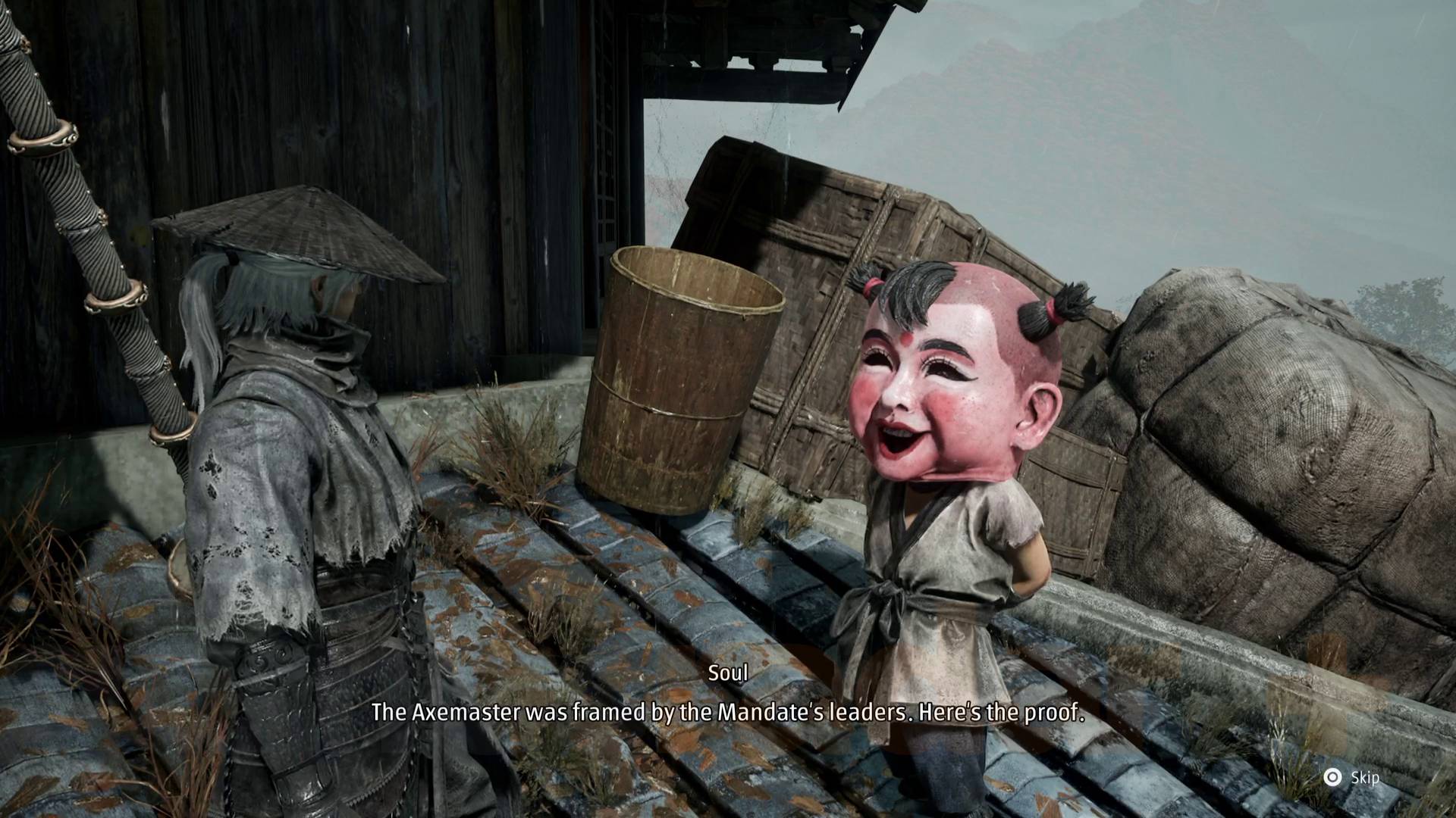 Phantom Blade Zero Soul talking to the Chile of Insight on the roof of a tower to end the Four Fierce Axes quest