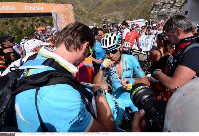 Vincenzo Nibali (Astana) surrounded by media after the stage