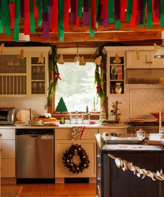 cottage kitchen decorated with vintage and handmade christmas decorations