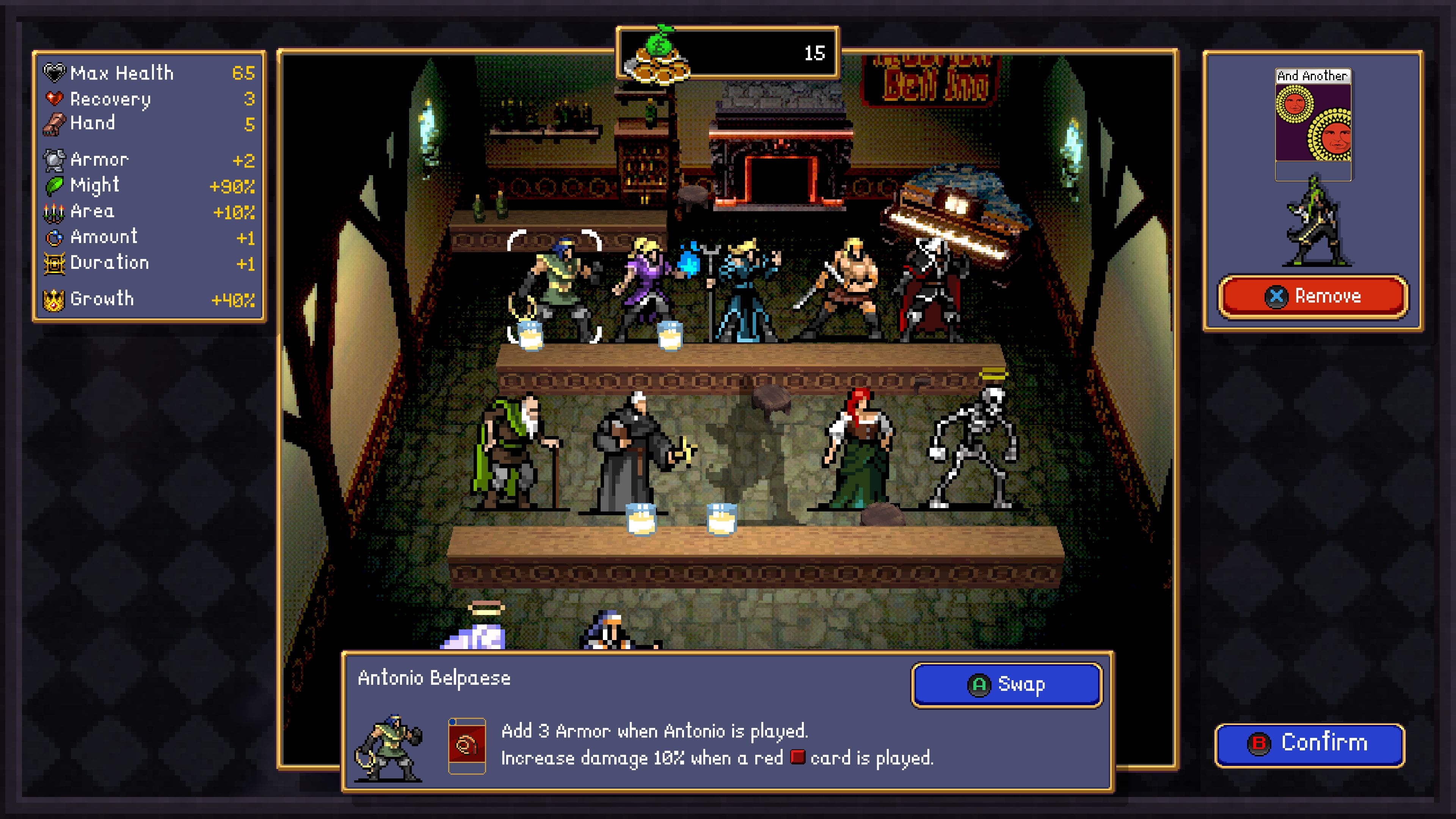 A pixelated game interface shows 12 characters in a medieval tavern. Stats appear on the left. A pop-up describes "Antonio Belpaese" with armor boost info.