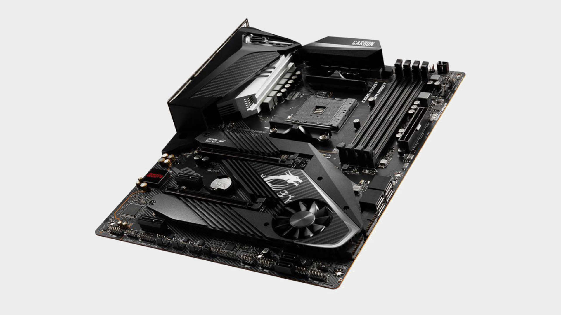 MSI MPG X570 Gaming Pro Carbon WiFi motherboard topdown view on grey background, with glowing side