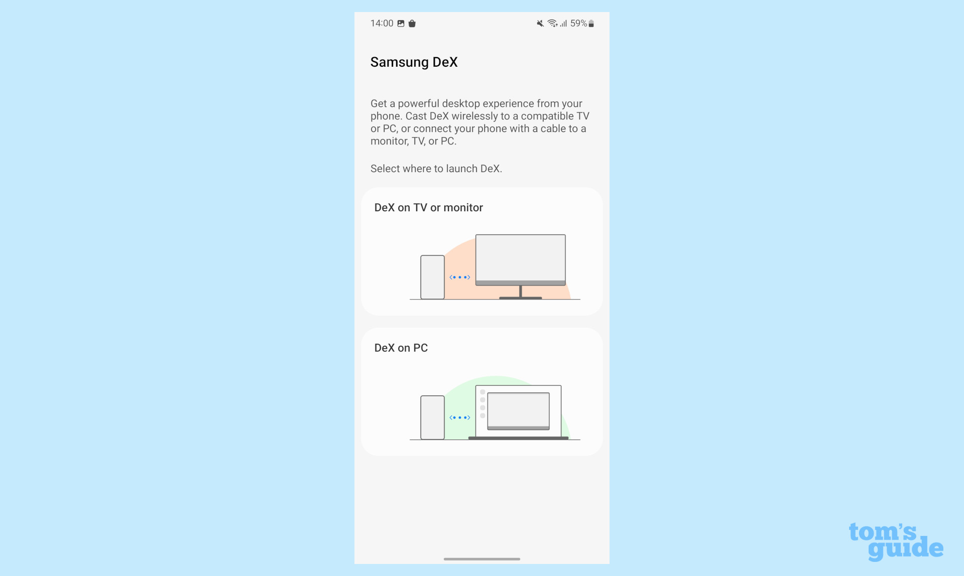 A screenshot of the Samsung Galaxy S22's settings menu, showing the Samsung DeX set-up options