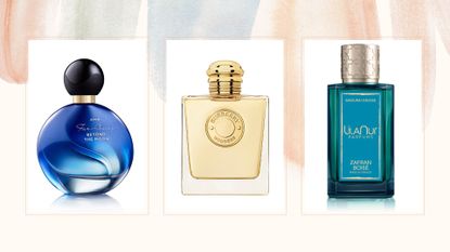 a collage of three of our favourite autumn fragrances including Avon, Burberry and Lilanur