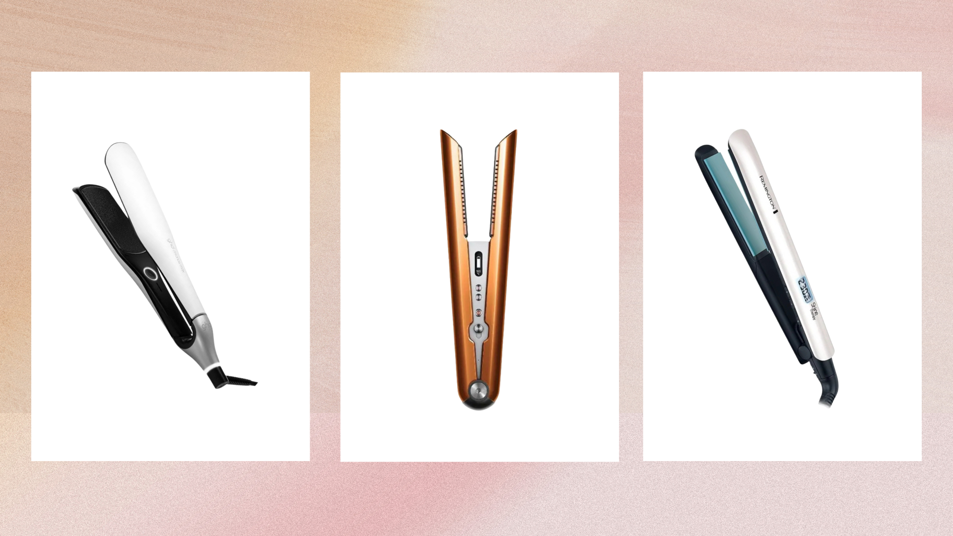 Collage of three of the best straighteners for curly hair featured in this guide from (left to right) ghd, Dyson and Remington, set against a pink and beige watercolour style background
