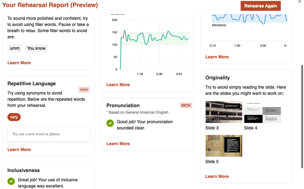 A screenshot from my use of speaker coach