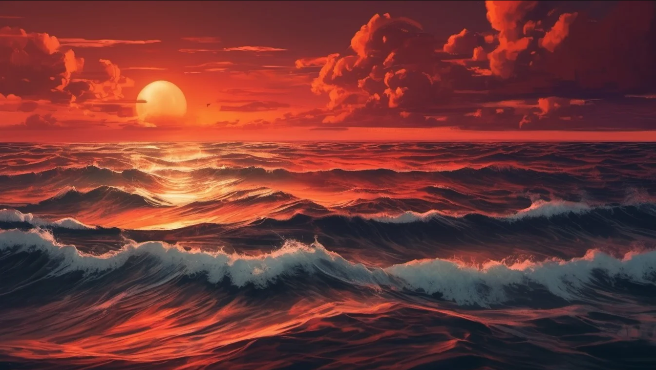 An illustration of a vast ocean with a red sky above. A bright star is seen in the sky.