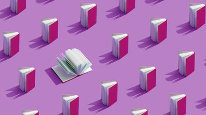 An abstract, isometric render of pink textbooks on a purple background to represent academic thinking.