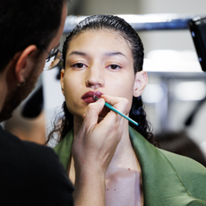 A model prepares backstage prior to the Atlein Womenswear Fall/Winter 2024-2025 show as part of Paris Fashion Week on March 03, 2024 in Paris, France.