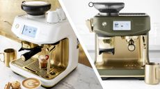 Breville Barista Impress espresso machine with brass accents in white and green