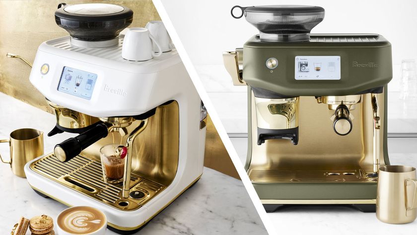 Breville Barista Impress espresso machine with brass accents in white and green