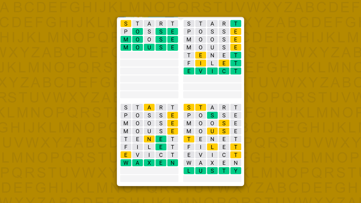 Quordle Daily Sequence answers for game 1712 on a yellow background
