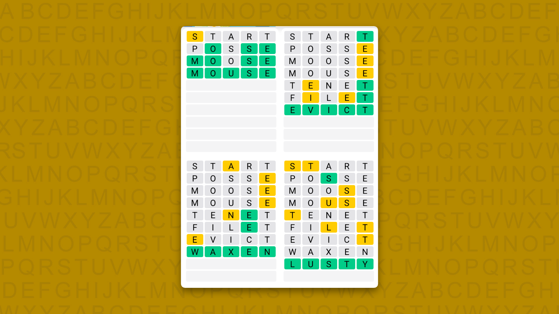Quordle Daily Sequence answers for game 1712 on a yellow background
