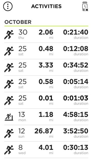 The MySports App displays recent workouts by date, with distance and time run.