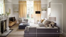 picture of modern living room with curtains and a rug