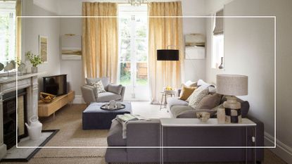 picture of modern living room with curtains and a rug