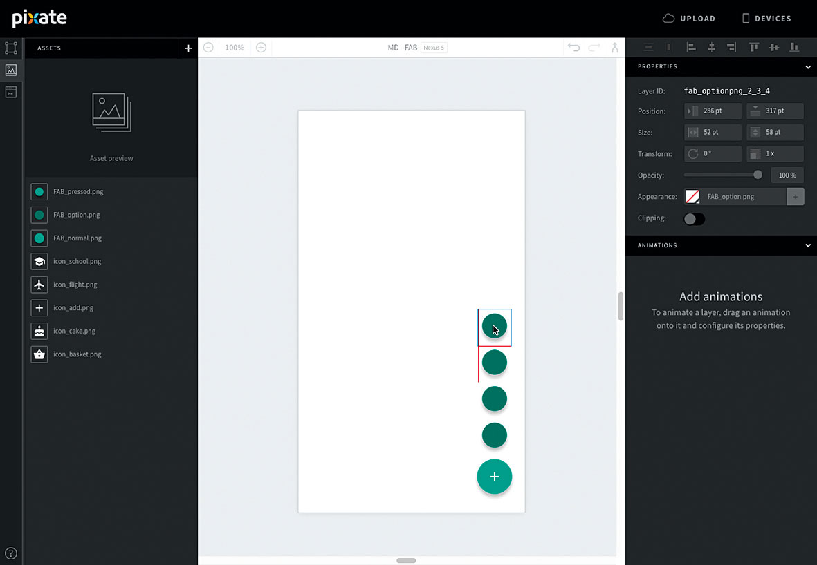 Add four instances of the FAB to your blank canvas