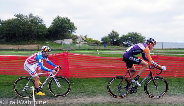 Tim Johnson (Cannondale - Cyclocrossworld.com) following Ryan Trebon early in the race.