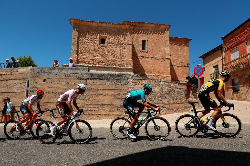 CLUNIA SPAIN AUGUST 05 LR Dario Cataldo of Italy and Team Trek Segafredo Valentin Retailleau of France and Ag2R Citroen Team David De La Cruz Melgarejo of Spain and Team Astana Qazaqstan and Lennard Hofstede of Netherlands and Jumbo Visma Team compete in the breakaway during the 44th Vuelta a Burgos 2022 Stage 4 a 169km stage from Torresandino to Ciudad Romana de Clunia VueltaBurgos on August 05 2022 in Clunia Spain Photo by Gonzalo Arroyo MorenoGetty Images