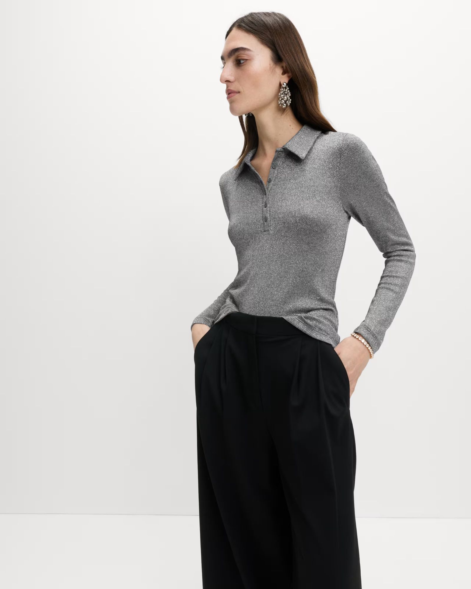 M&S Sparkly Collared Button Detail Long Sleeve Top