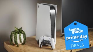 PS5 on a TV stand with a Tom's Guide deal tag