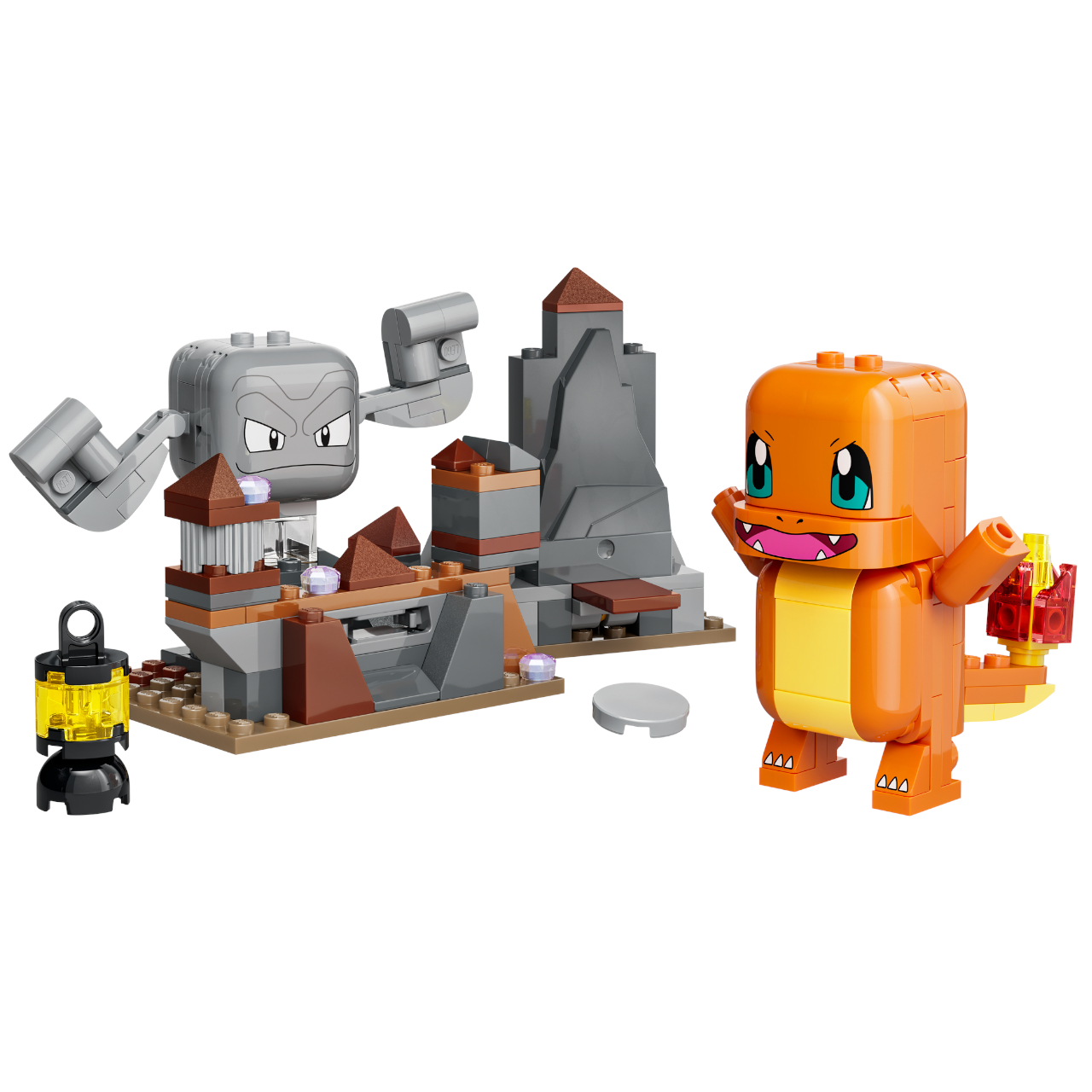 Lego Geodude and Charmander on a plain background