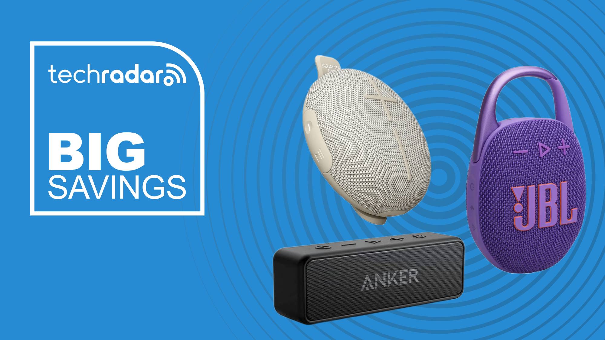 The Ultimate Ears Miniroll, JBL Clip 5 and Anker Soundcore 2 on a blue background with the words &#039;TechRadar: big savings&#039; positioned on the left