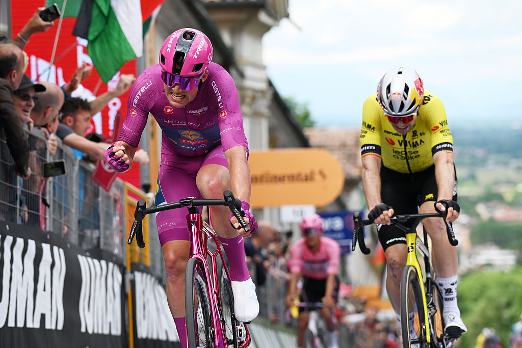 VICENZA, ITALY - MAY 23: Mads Pedersen of Denmark and Team Lidl - Trek - Purple Points Jersey celebrates at finish line as stage winner during the 108th Giro d&amp;amp;apos;Italia 2025, Stage 13 a 180km stage from Rovigo to Vicenza / #UCIWT / on May 23, 2025 in Vicenza, Italy. (Photo by Dario Belingheri/Getty Images)