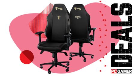 A pair of Secretlab Titan Evo 2022 gaming chairs, against a colorful background, with the phrase 'Deals' on the right side, above a PC Gamer logo