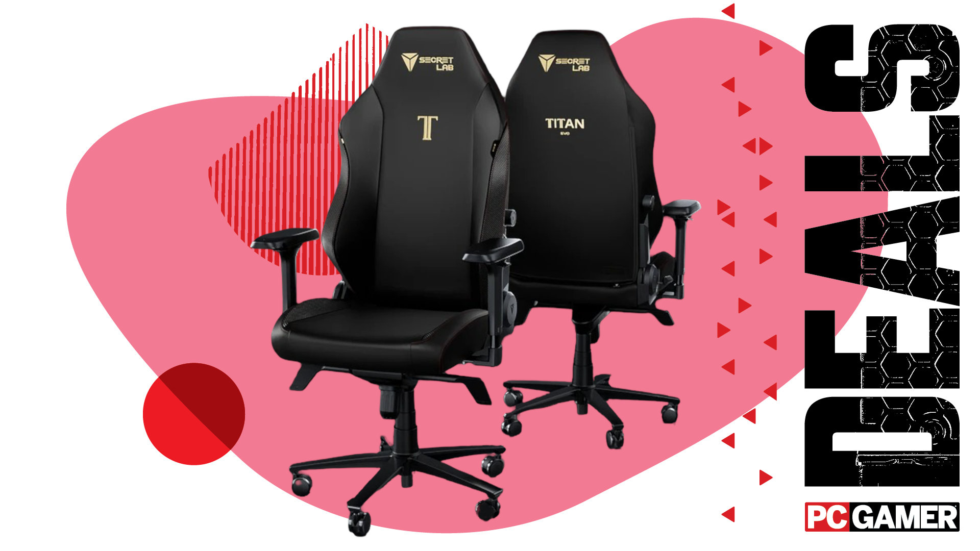 A pair of Secretlab Titan Evo 2022 gaming chairs, against a colorful background, with the phrase 'Deals' on the right side, above a PC Gamer logo