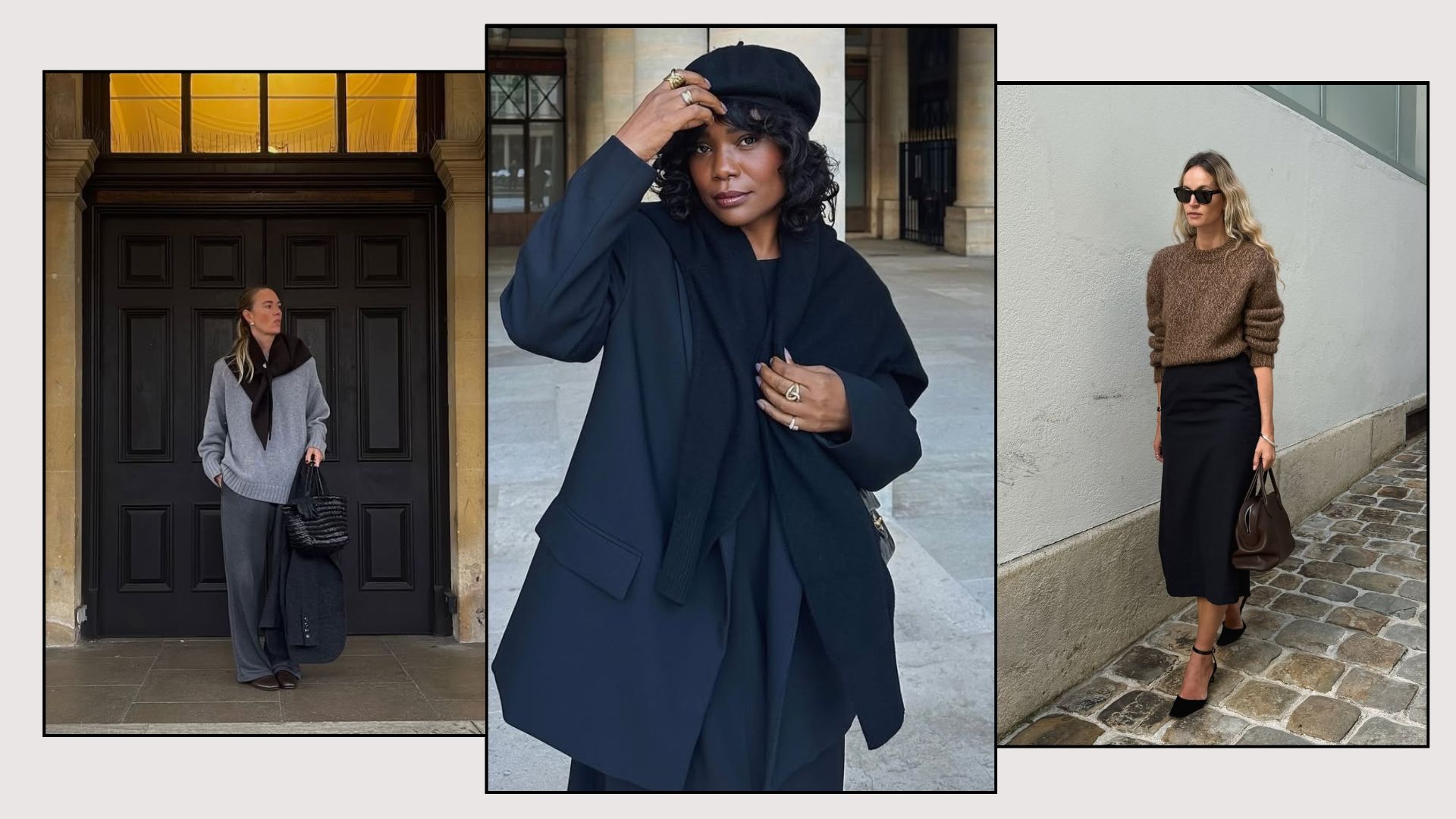 woman wears grey jumper, grey tailored trousers; woman wears navy sweater,navy blazer and navy skirt; women awears brown sweater, black skirt and heels