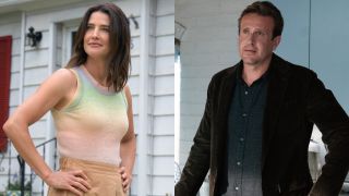From left to right: Cobie Smulders standing with her hands on her hips in Shrinking and Jason Segel standing with his hands on his hips in Shrinking. 