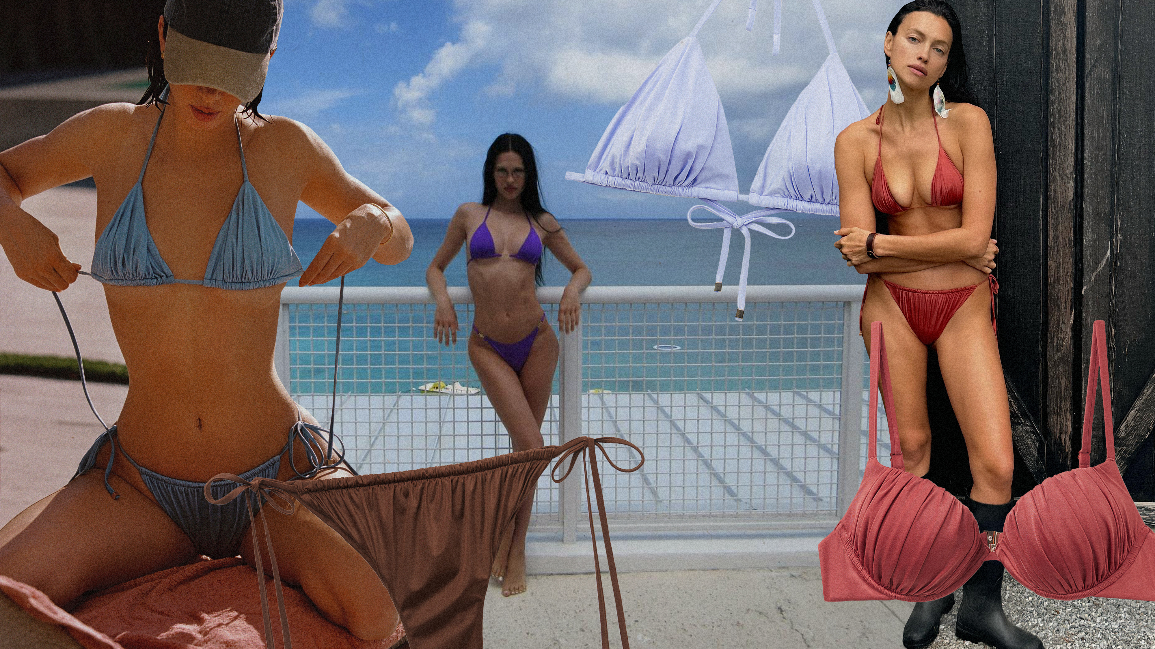 A collage of celebrities and swimsuits.