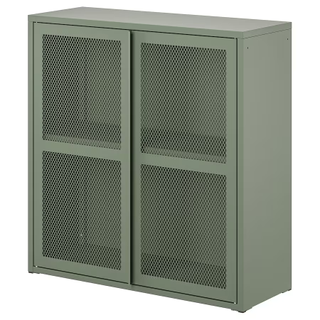 A dark green IVAR cabinet with mesh doors 