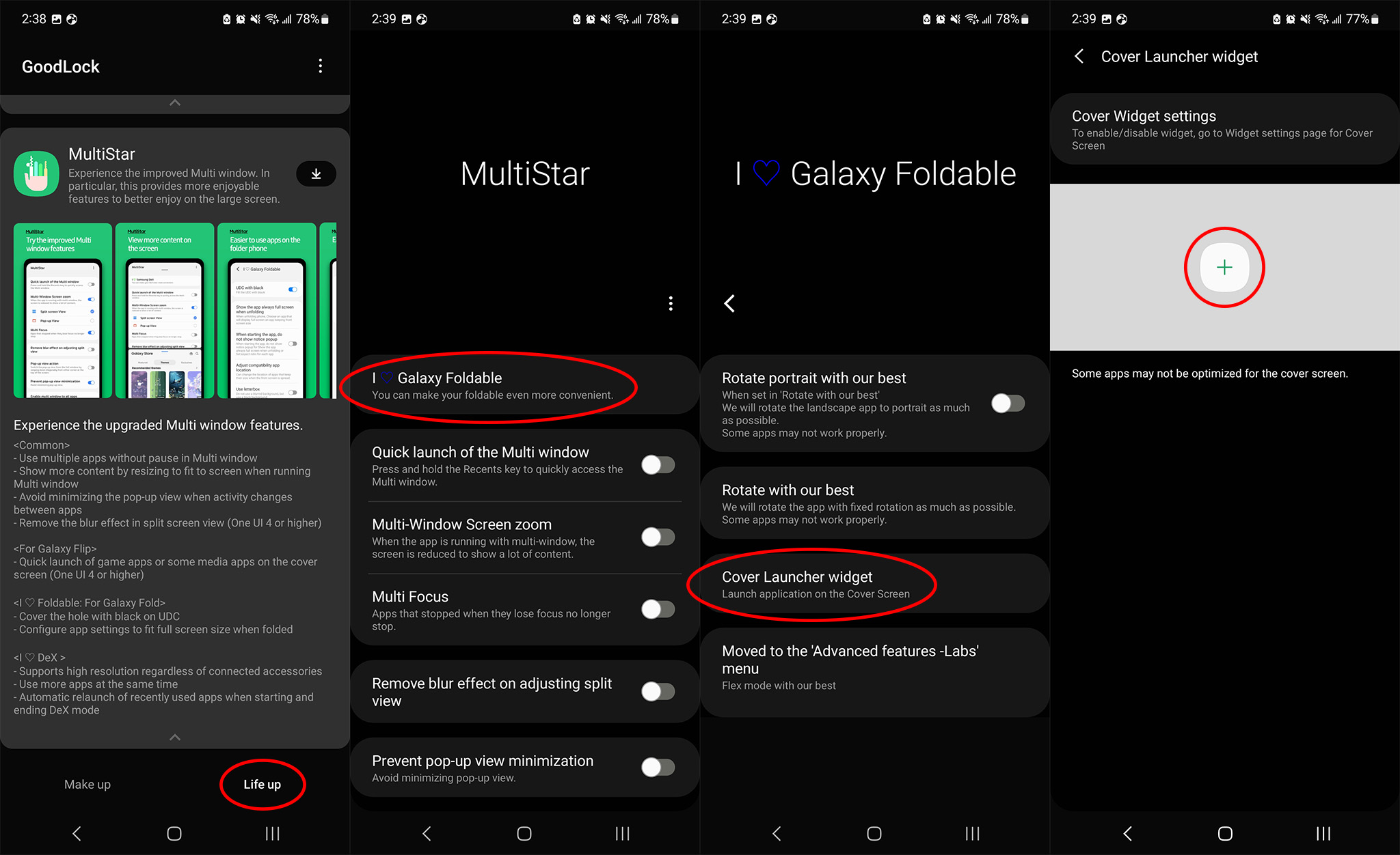 Agregar aplicaciones de pantalla completa a la pantalla de la cubierta con Good Lock y Multi-Star en el Samsung Galaxy Z Flip 4
