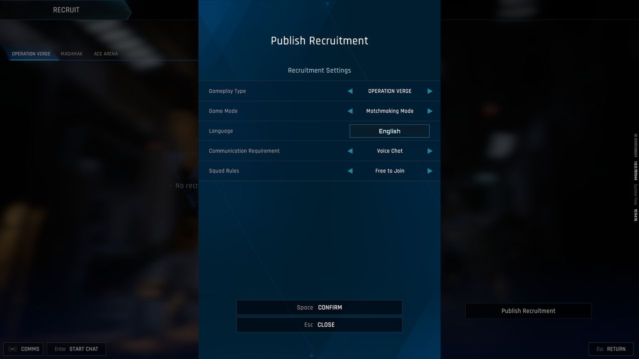 Mecha Break play with friends: The menu to publish a recruitment, with the various settings you can tweak.