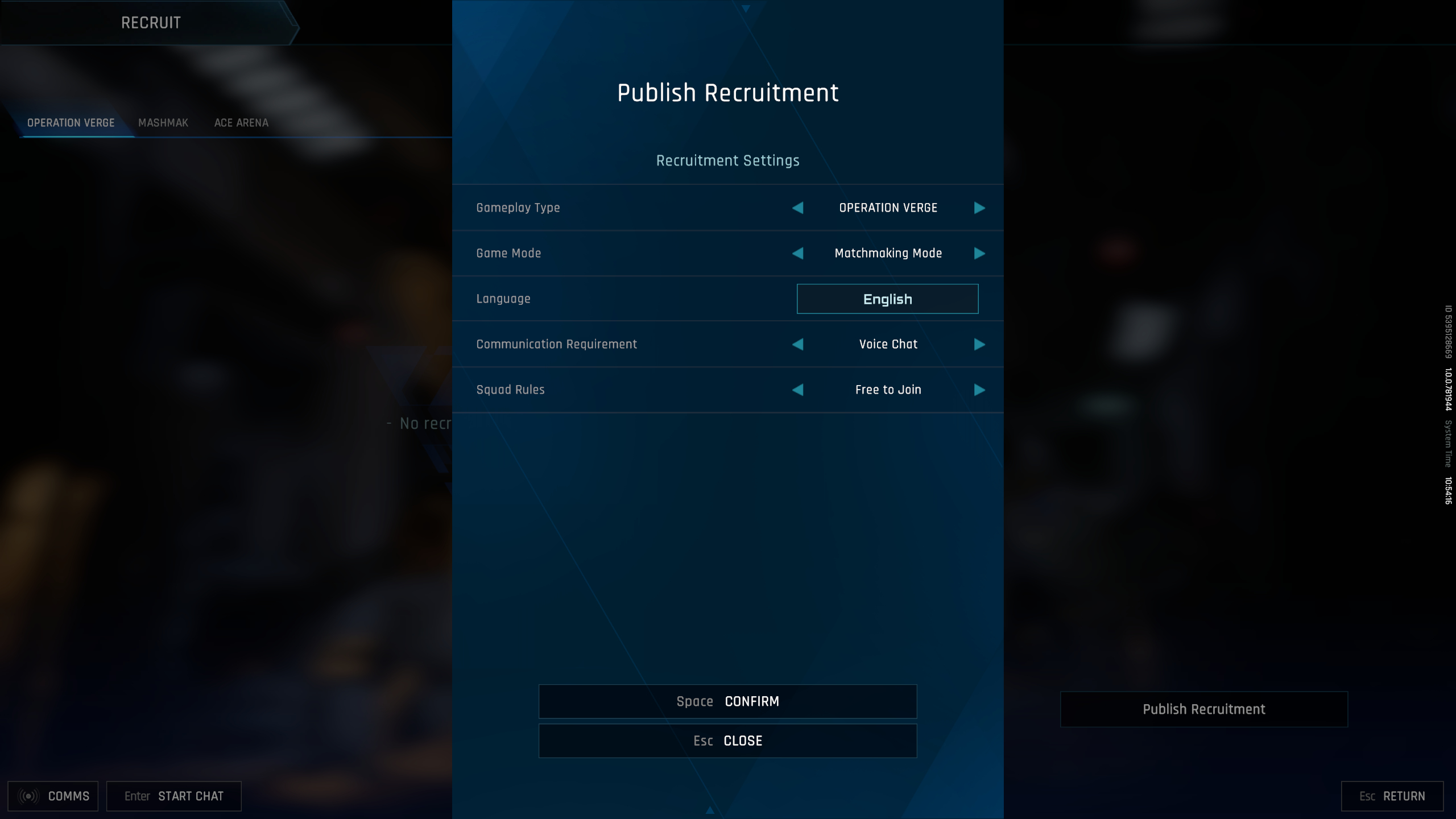 Mecha Break play with friends: The menu to publish a recruitment, with the various settings you can tweak.