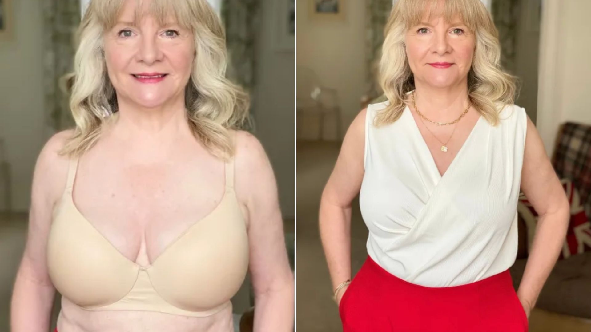 Two images of Julie Player testing the John Lewis Sofia Smooth Underwired T-Shirt Bra