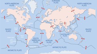 Map of Earth's principal tectonic plates. Earth's lithosphere. Major and minor plates. arrows indicate direction of movement at plate boundaries. Vector illustration.