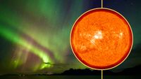 composite image showing the northern lights in the background appearing as vast ribbons of green light in the sky, and an inset image of the sun during the M flare eruption that released a cme.
