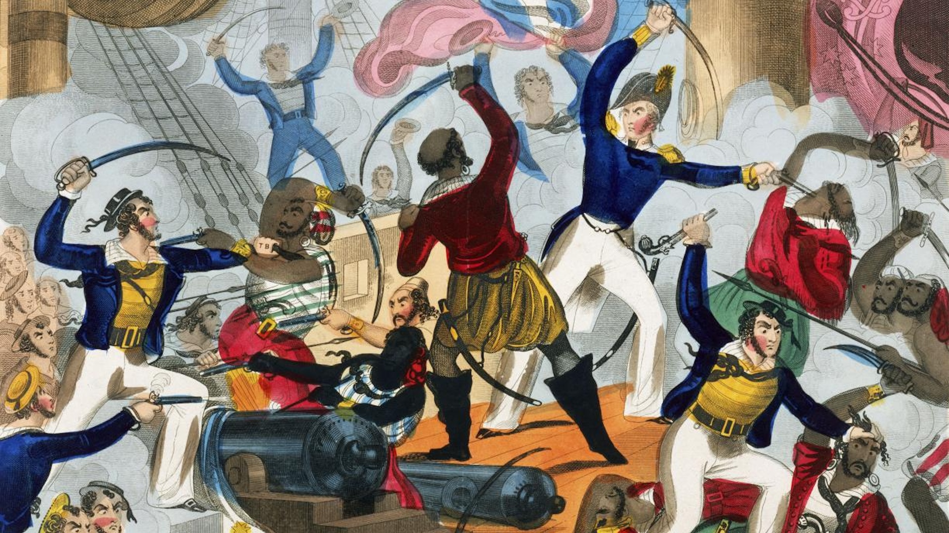 A colorful painting of men swordfighting on a ship