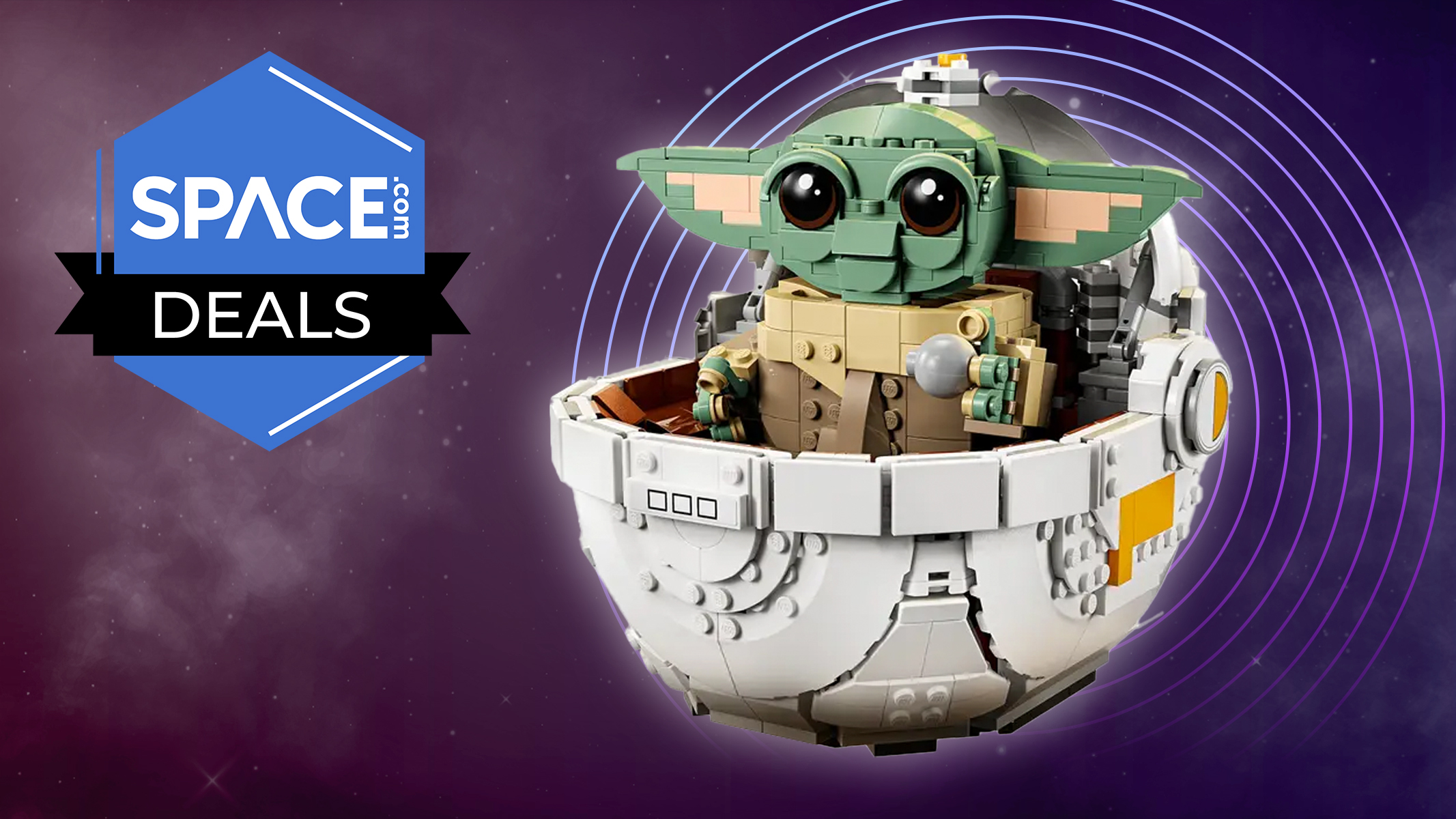 A Lego recreation of Grogu in his hover pram on a space background with a space.com deals badge in the top left corner