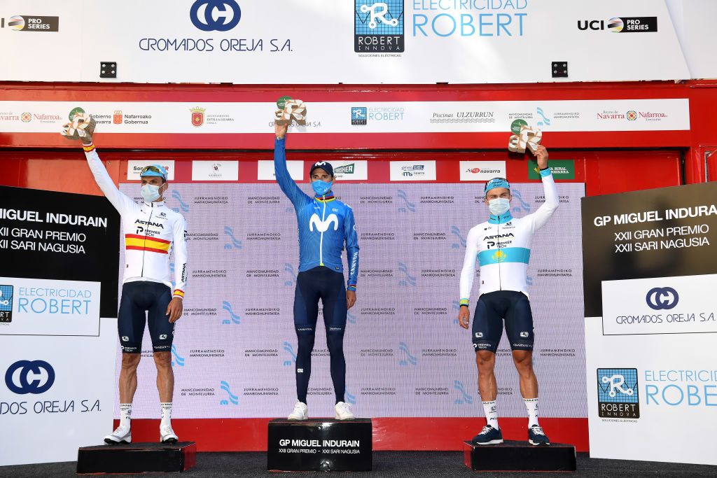 Podium / Luis Leon Sanchez Gil of Spain and Team Astana – Premier Tech, Alejandro Valverde Belmonte of Spain and Movistar Team &amp; Alexey Lutsenko of Kazahkstan and Team Astana – Premier Tech Celebration, during the 12th Gran Premio Miguel Indurain 2021