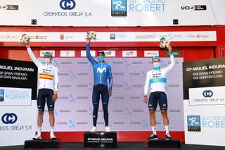 Podium / Luis Leon Sanchez Gil of Spain and Team Astana – Premier Tech, Alejandro Valverde Belmonte of Spain and Movistar Team & Alexey Lutsenko of Kazahkstan and Team Astana – Premier Tech Celebration, during the 12th Gran Premio Miguel Indurain 2021