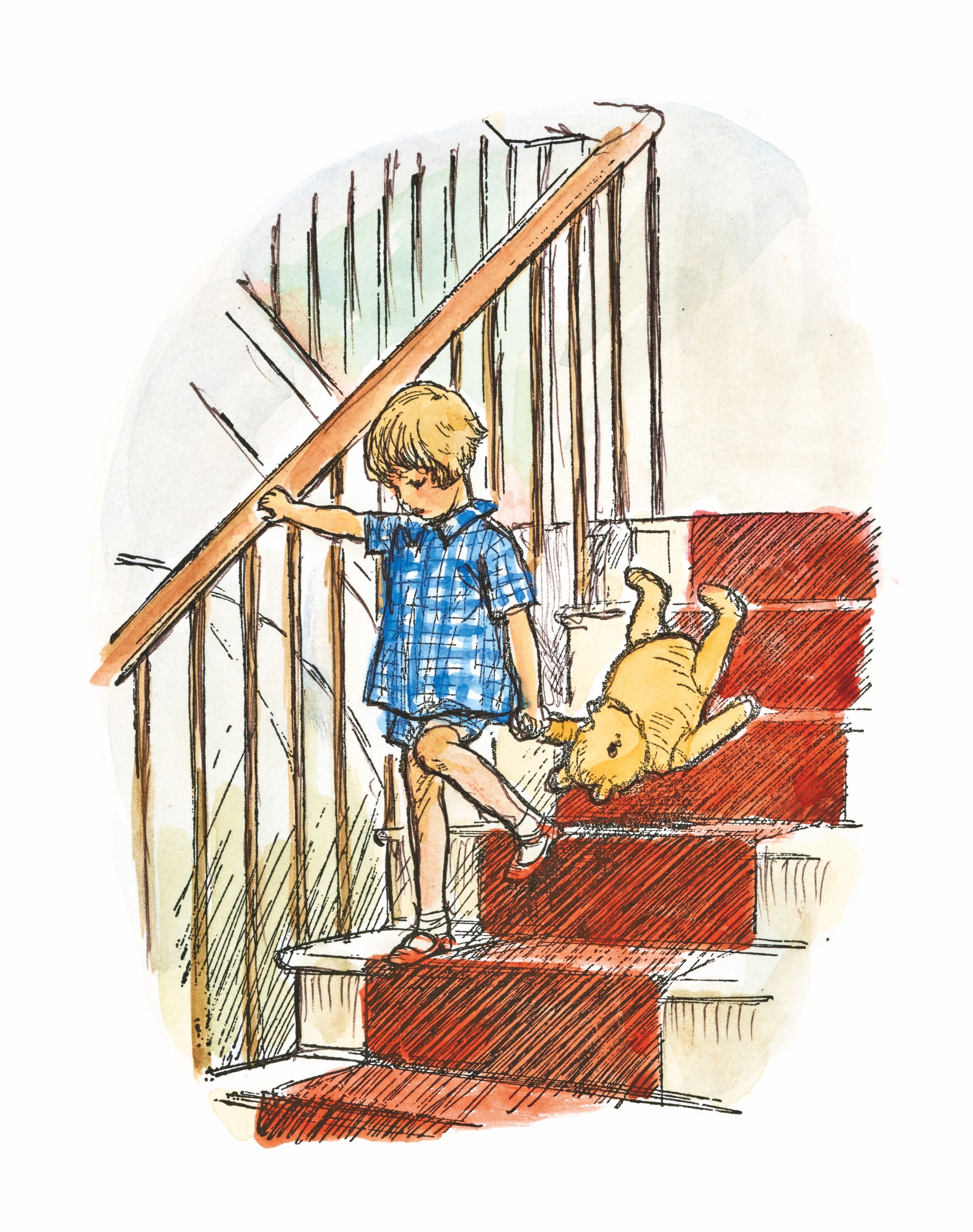 A drawing of Christopher Robin taking his bear down the stairs