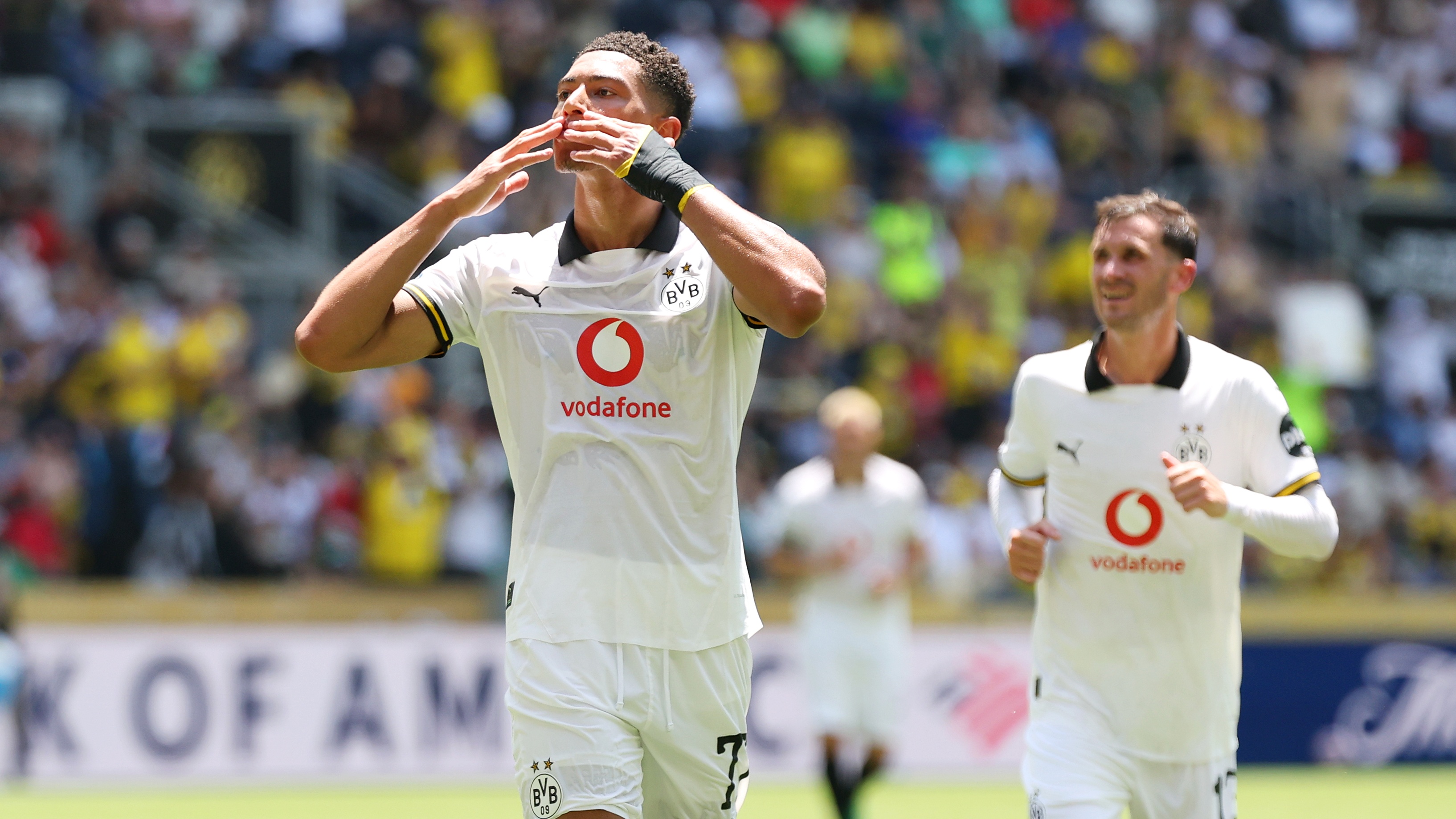 Jobe Bellingham celebrating his first goal for Dortmund.
